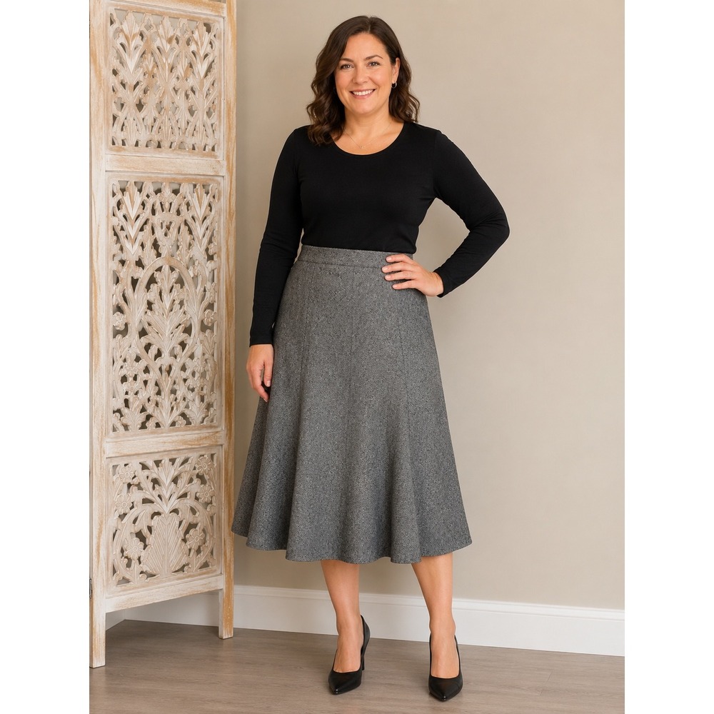 Eddie Bauer Grey Wool Blend Tulip Midi Skirt Womens 8 Tweed A-Line Side Zip